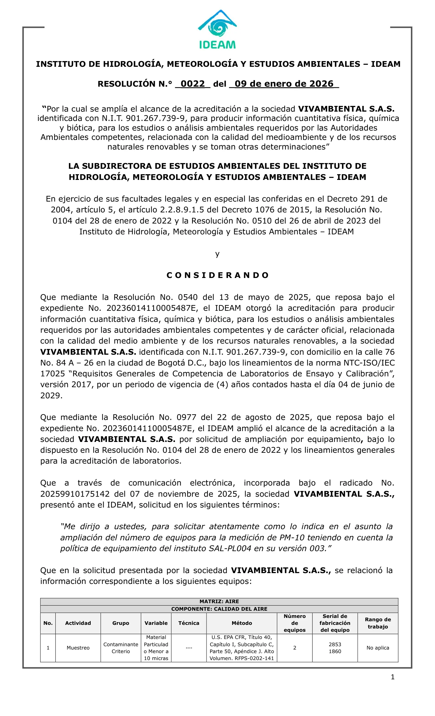 Resolución 0022 de 2026 del IDEAM, página 1 de 11